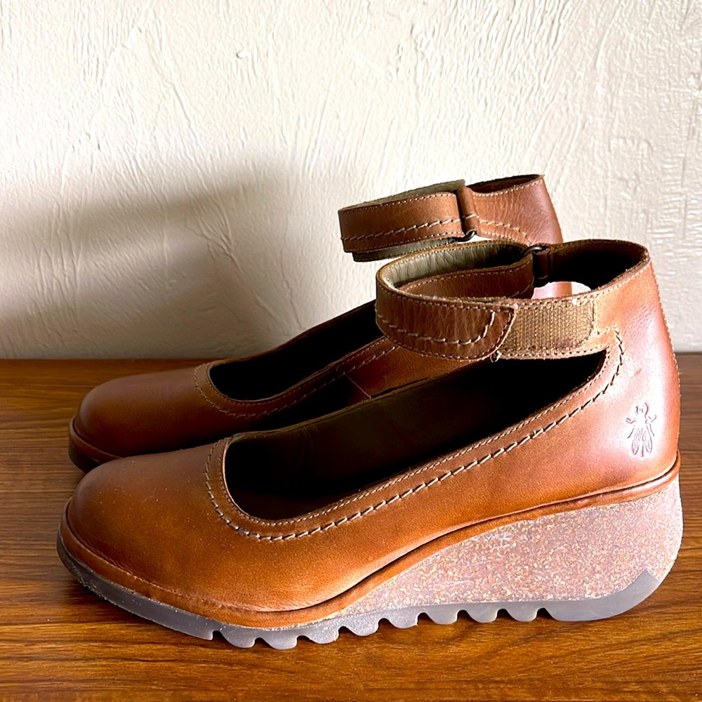 Brown Leather Ankle Strap Wedge Shoes